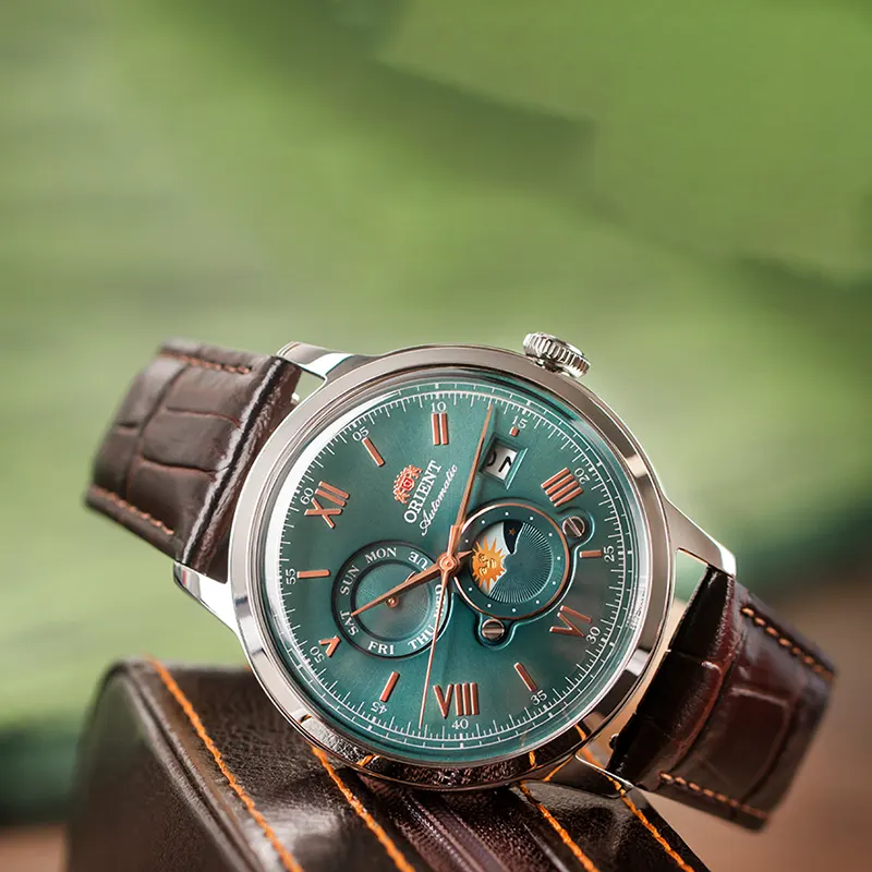 Orient Bambino Sun and Moon Green Dial Men's Watch- RA-AK0805E